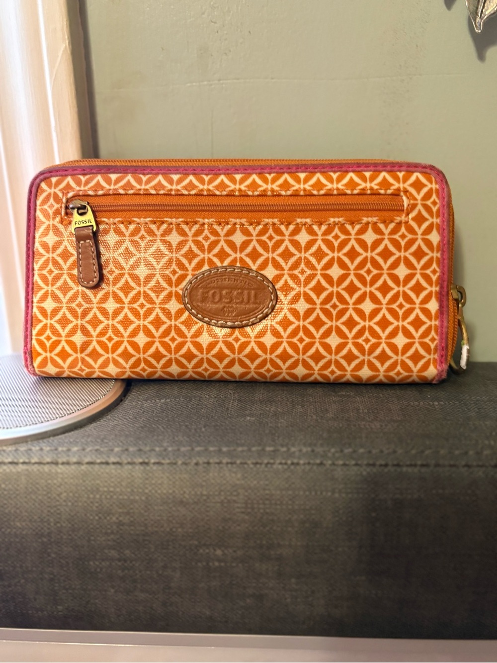 Fossil Orange & Pink Geometric Zip-Around Wallet with Pink Trim